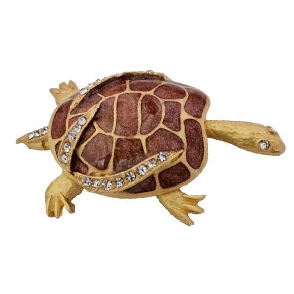 Turtle Brooch Pin, Gold Tone, Sea Life, Brown, Crystal Accents, 2" x 1.75" EUC - Picture 1 of 7